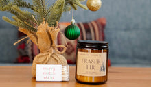 Load image into Gallery viewer, fraser fir hand poured soy candle small batch, organic soy candle, crisp christmas tree scent, merry christmas scented candle, burns for 40-50 hours