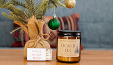 Load image into Gallery viewer, fraser fir hand poured soy candle small batch, organic soy candle, crisp christmas tree scent, merry christmas scented candle,  burns for 40-50 hours
